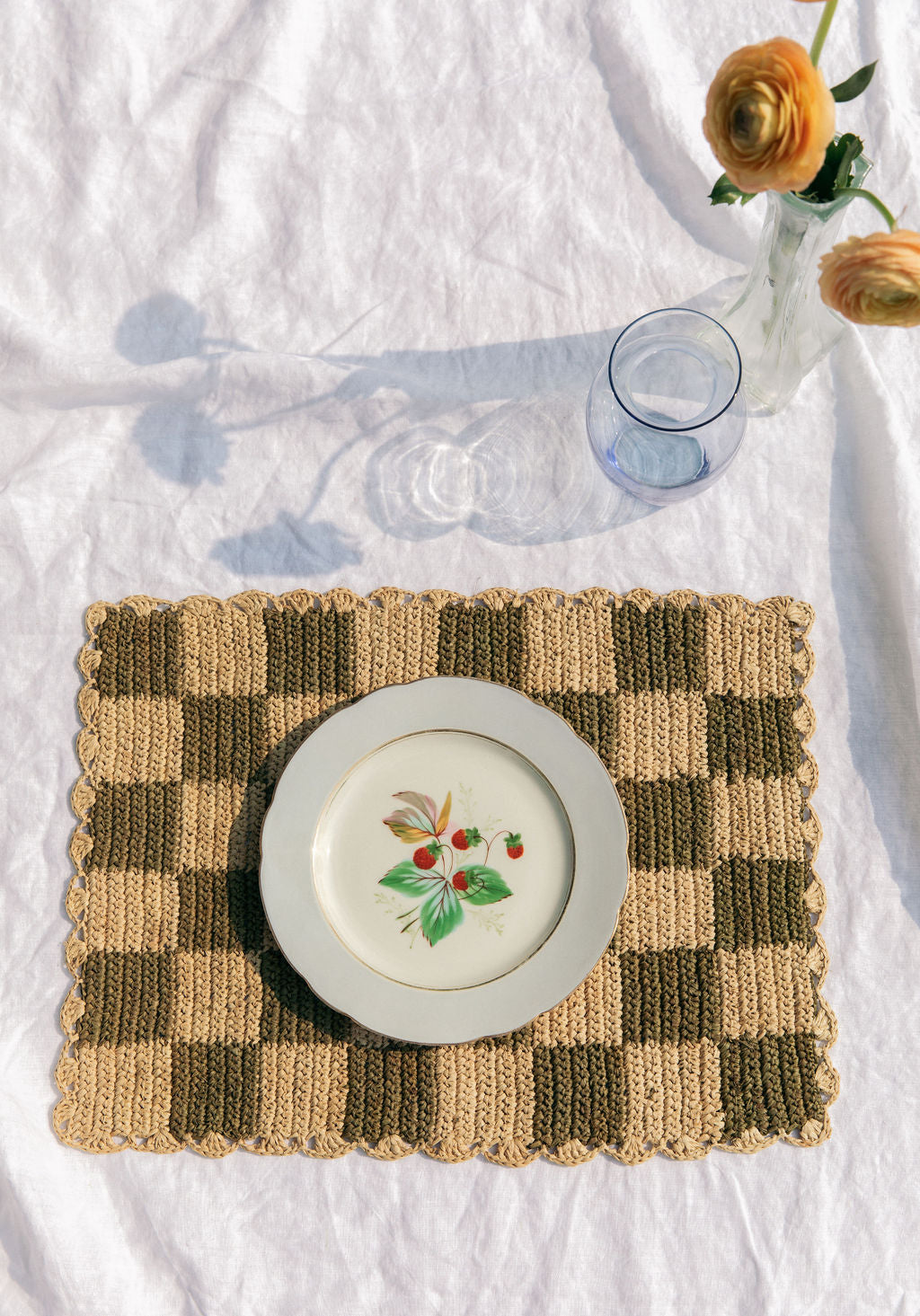 Green Checked Placemat, Rectangular Raffia Tabletop
