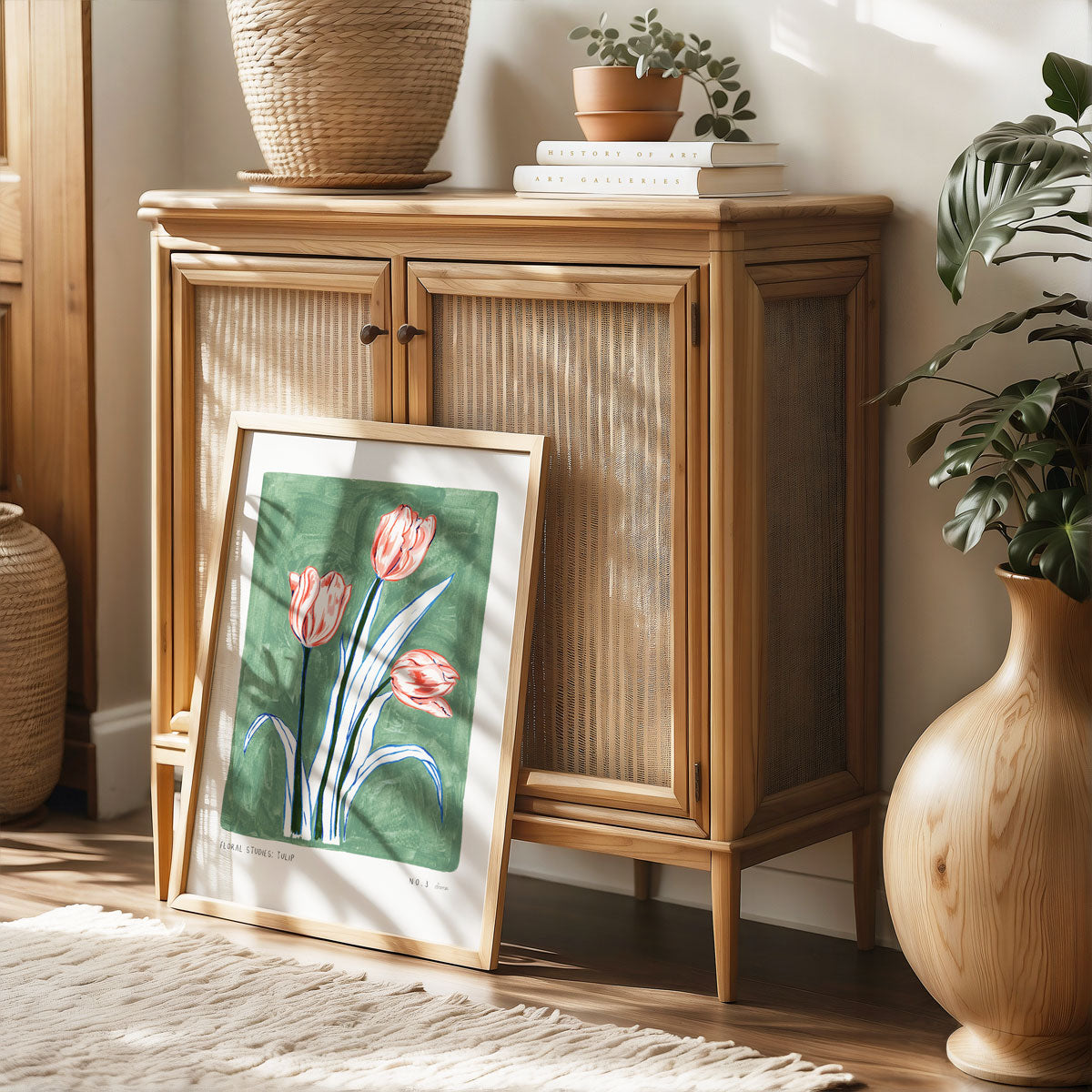 Muted turquoise painted background with electric blue and navy leaves and pink/peachy tulip flower heads. With small text reading floral studies: tulip NO.3 styled in light oak frame against rattan wood furniture