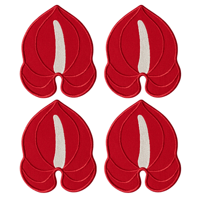 Octaevo's Red Anthurium Coasters (Set of 4) feature bold petal shapes on linen-cotton, arranged in a grid.