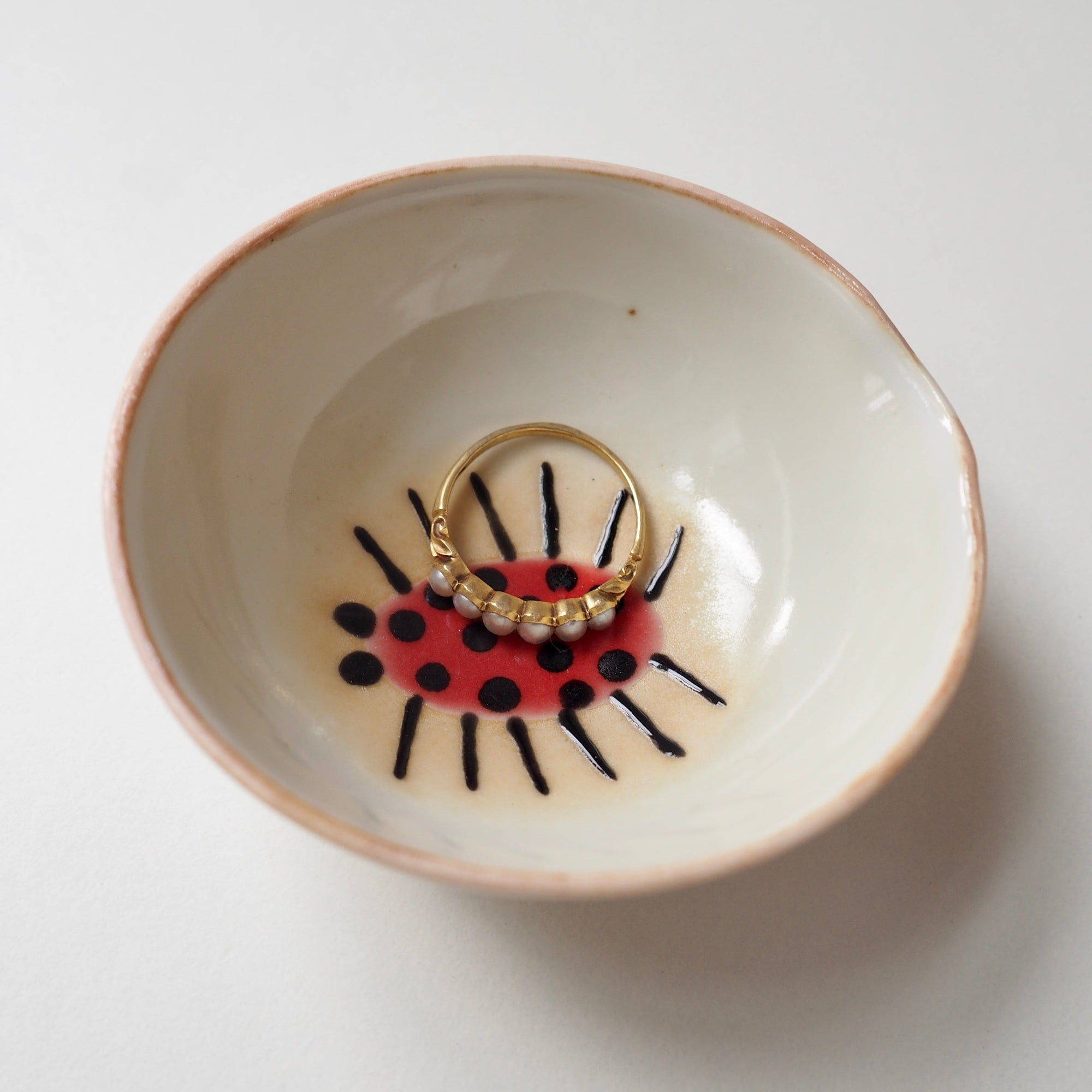 Handmade Mini Red Spotted Beetle Porcelain Ceramic Ring Dish