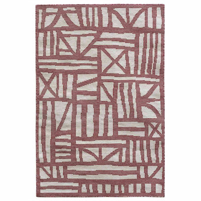 Red flatweave rug handwoven with a graphic pattern inspired by timber framed Tudor buildings. 