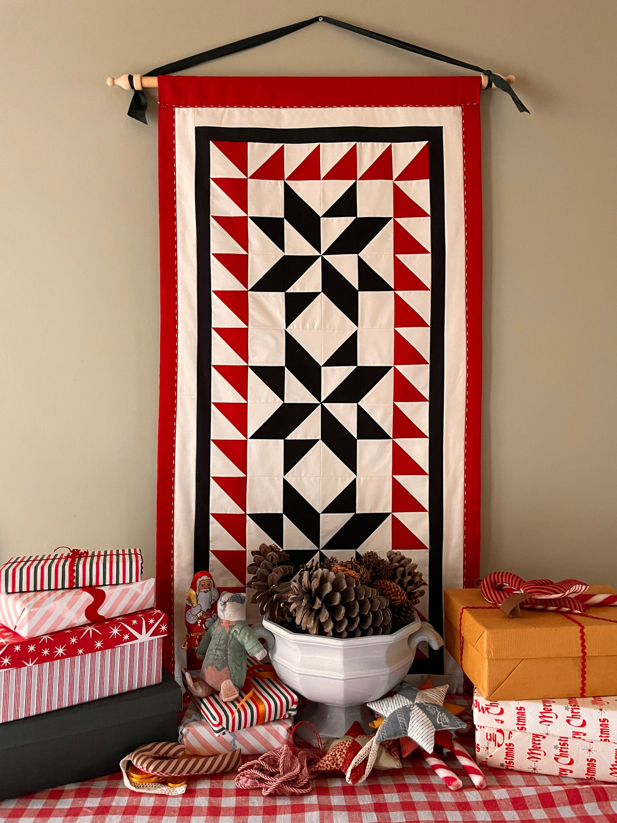Red and Black Patchwork Wall Hanging