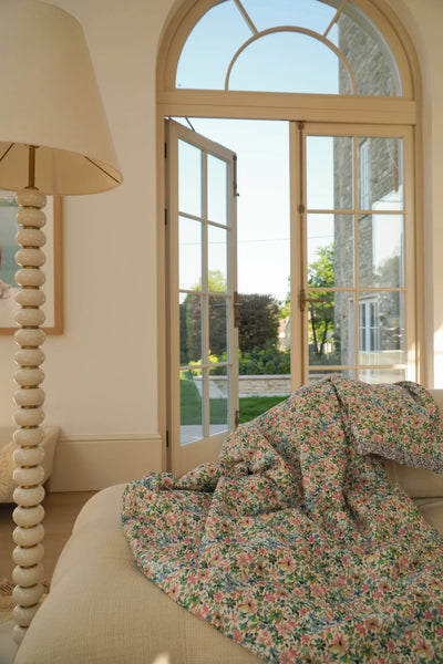 Reversible Ruffle Edge Bedspread made with Liberty Fabric DREAMS OF SUMMER & WILTSHIRE BUD - Coco & Wolf