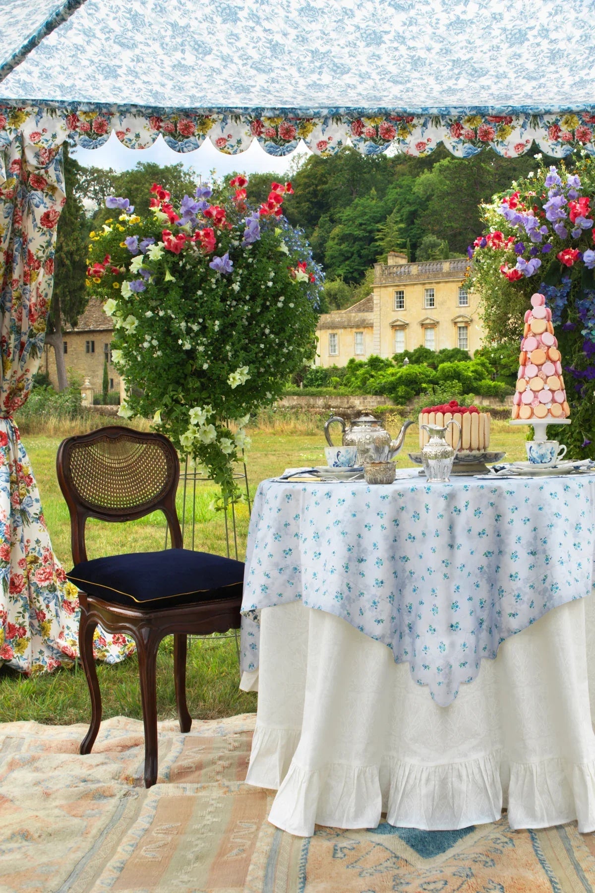 Reversible Scallop Corner Tablecloth Made With Liberty Fabrics & Bridgerton Amelie Luise & Posy Corsage Blue