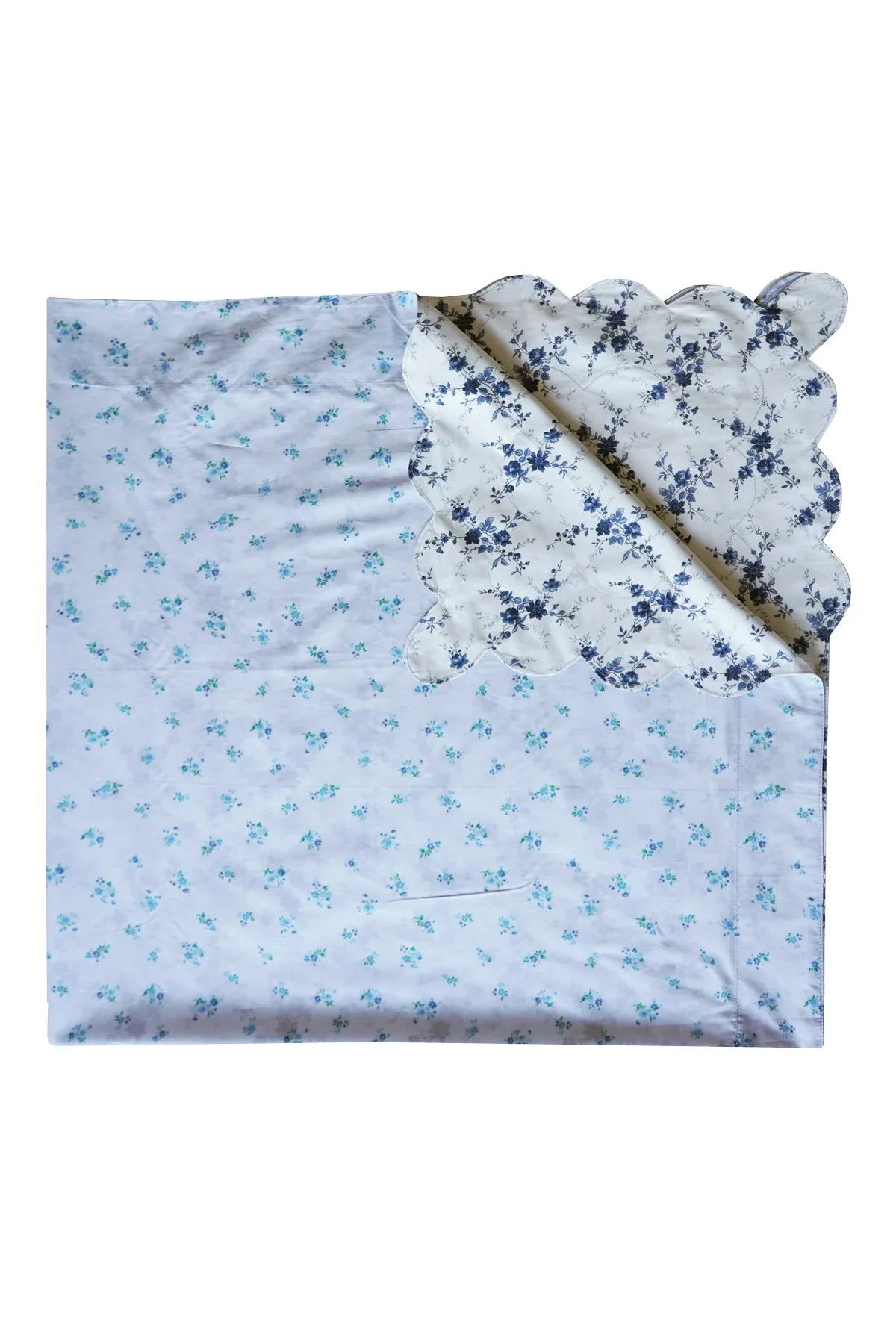 Reversible Scallop Corner Tablecloth Made With Liberty Fabrics & Bridgerton Amelie Luise & Posy Corsage Blue