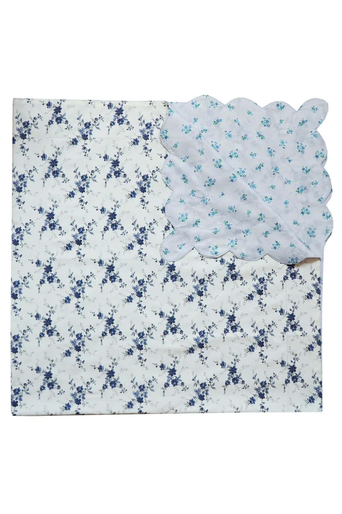 Reversible Scallop Corner Tablecloth Made With Liberty Fabrics & Bridgerton Amelie Luise & Posy Corsage Blue