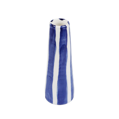 Handmade ceramic vase with Aegean blue stripes by Rhea Kalo, made in Athens