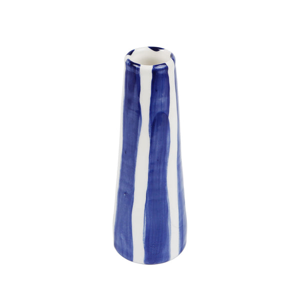 Handmade ceramic vase with Aegean blue stripes by Rhea Kalo, made in Athens