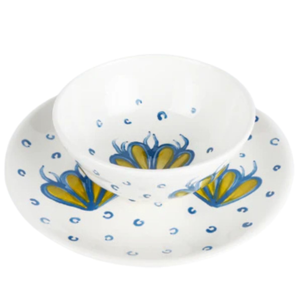 Hand-painted blue ceramic bowl with coral and bubbles pattern, handmade in Athens Greece