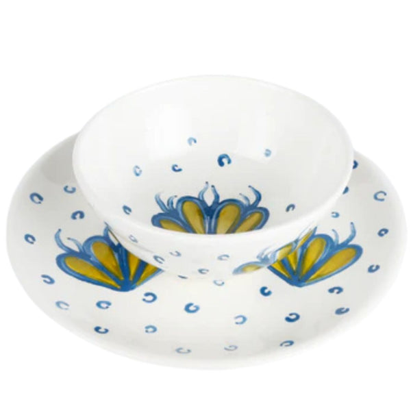 Hand-painted blue ceramic bowl with coral and bubbles pattern, handmade in Athens Greece
