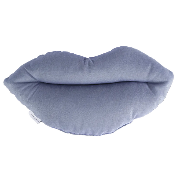 Blue outdoor cushion with kiss design by Rhea Kalo, made in Athens