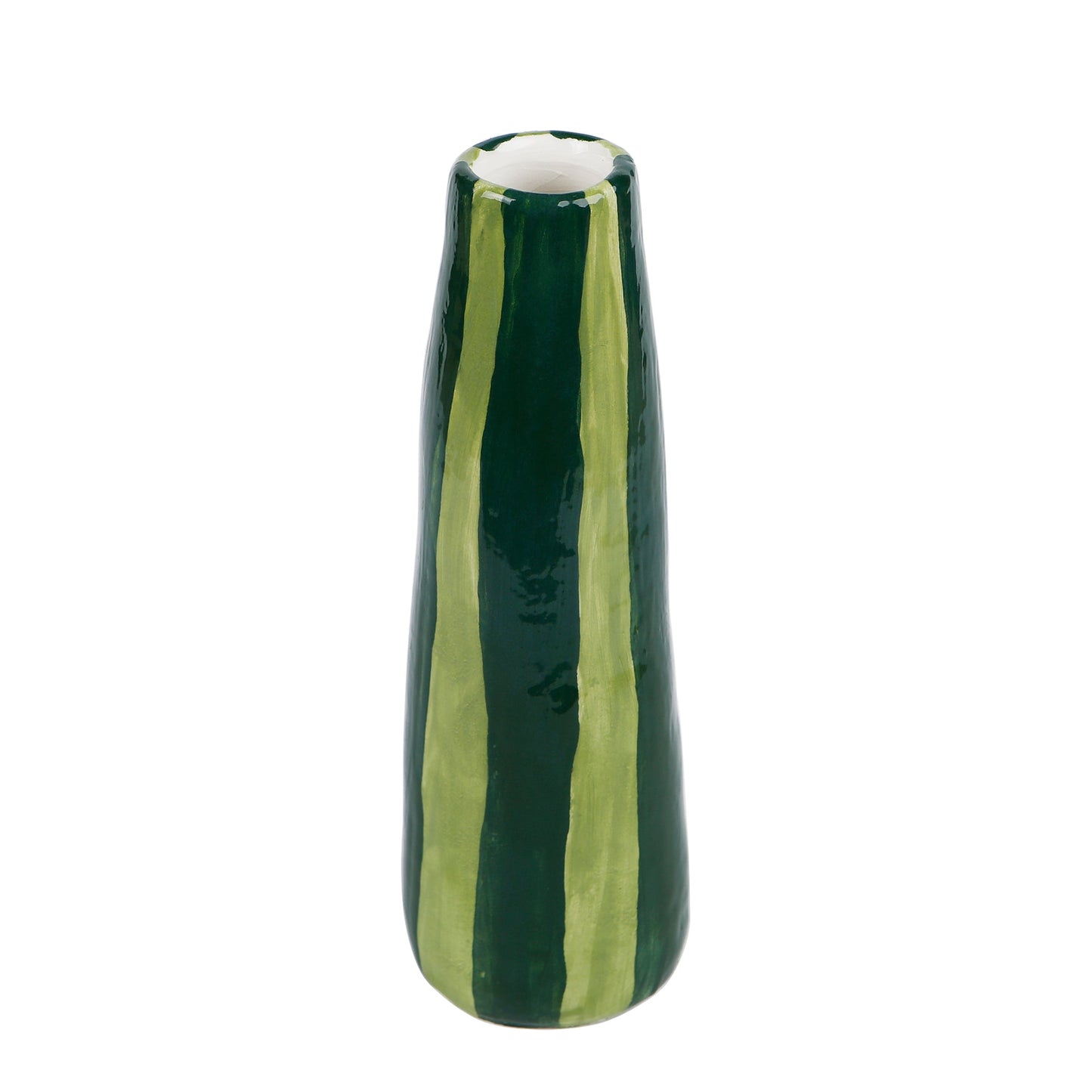 Handmade ceramic stem vase with green on green stripes by Rhea Kalo Athens
