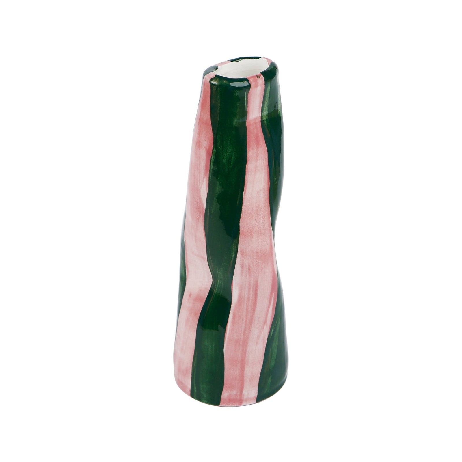 Handmade ceramic stem vase with green on pink stripes by Rhea Kalo, made in Athens