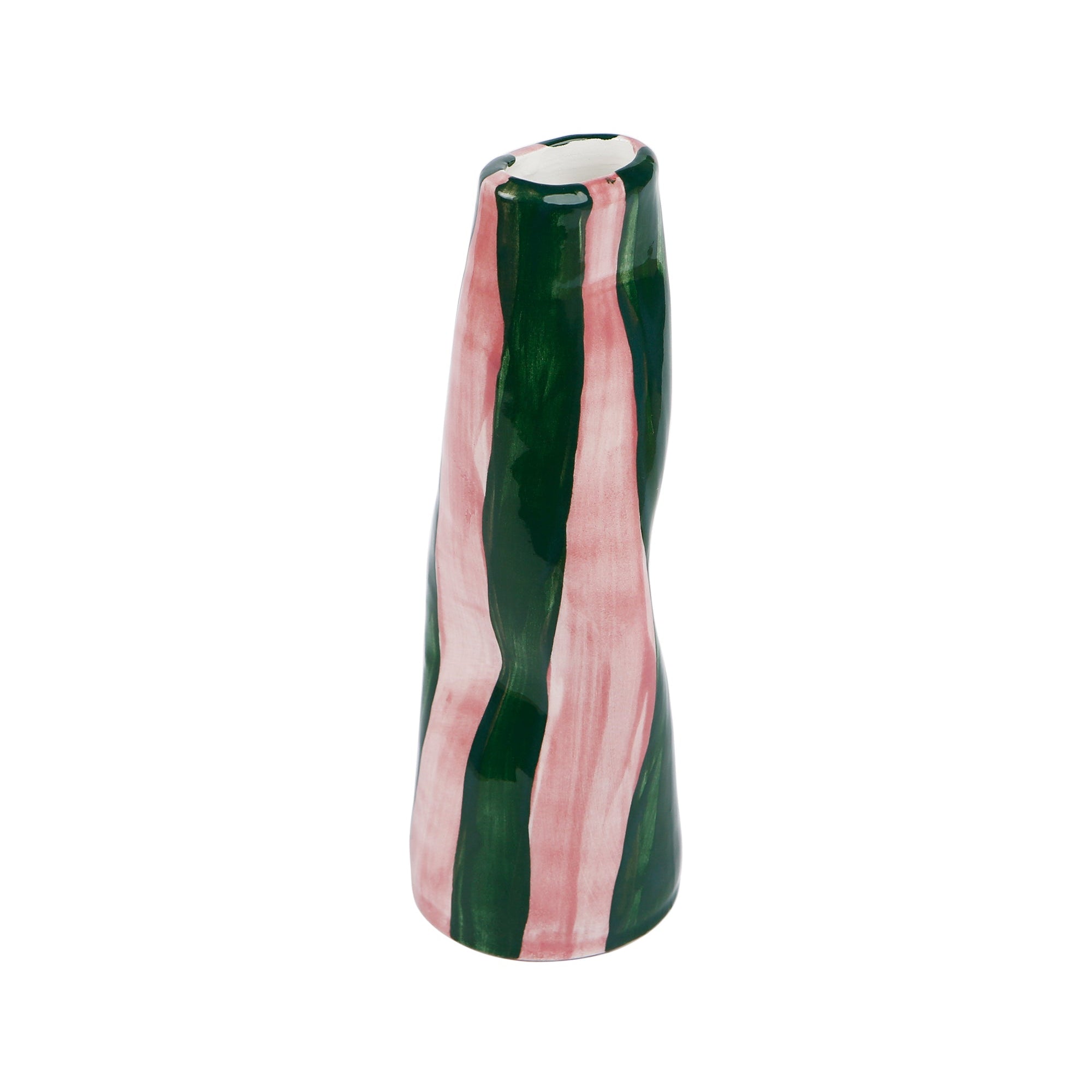 Handmade ceramic stem vase with green on pink stripes by Rhea Kalo, made in Athens