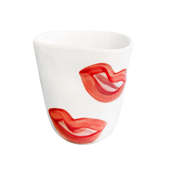 Hand-painted ceramic mug with kiss design, handmade in Athens by Rhea Kalo