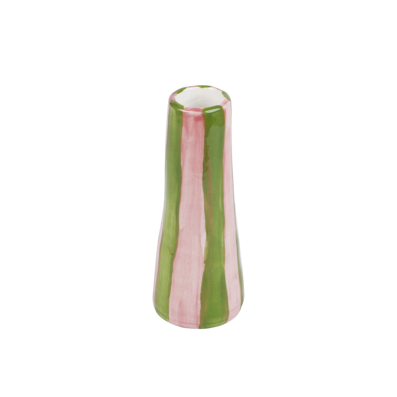 Handmade ceramic stem vase with lime on pink stripes, made in Athens by Rhea Kalo