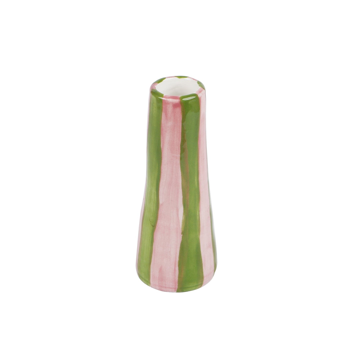 Handmade ceramic stem vase with lime on pink stripes, made in Athens by Rhea Kalo