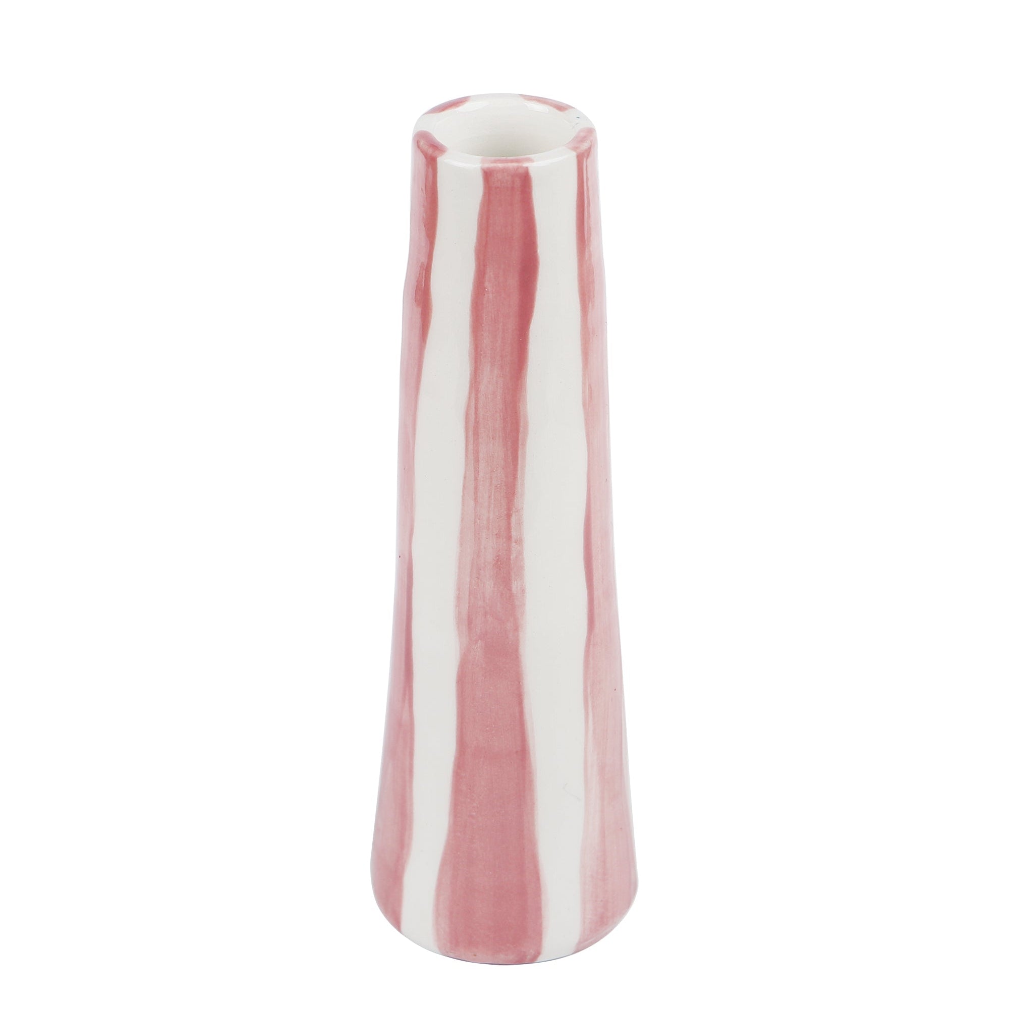 Handmade ceramic stem vase with pink on white stripes by Rhea Kalo Athens