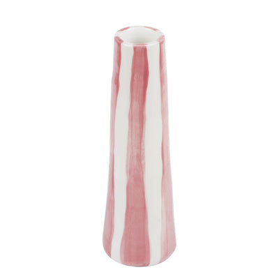 Handmade ceramic stem vase with pink on white stripes by Rhea Kalo Athens