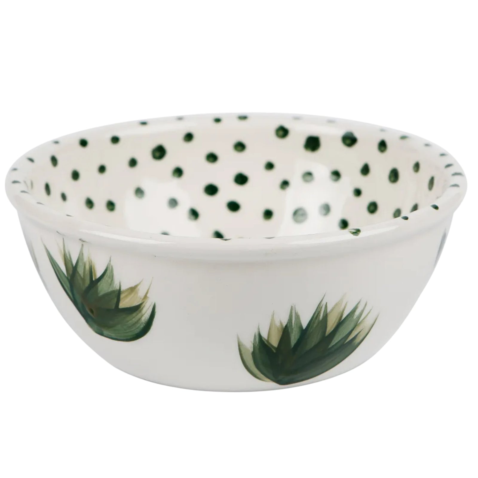 Hand-painted ceramic bowl with plants and dots motif, made in Athens by Rhea Kalo