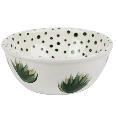 Hand-painted ceramic bowl with plants and dots motif, made in Athens by Rhea Kalo