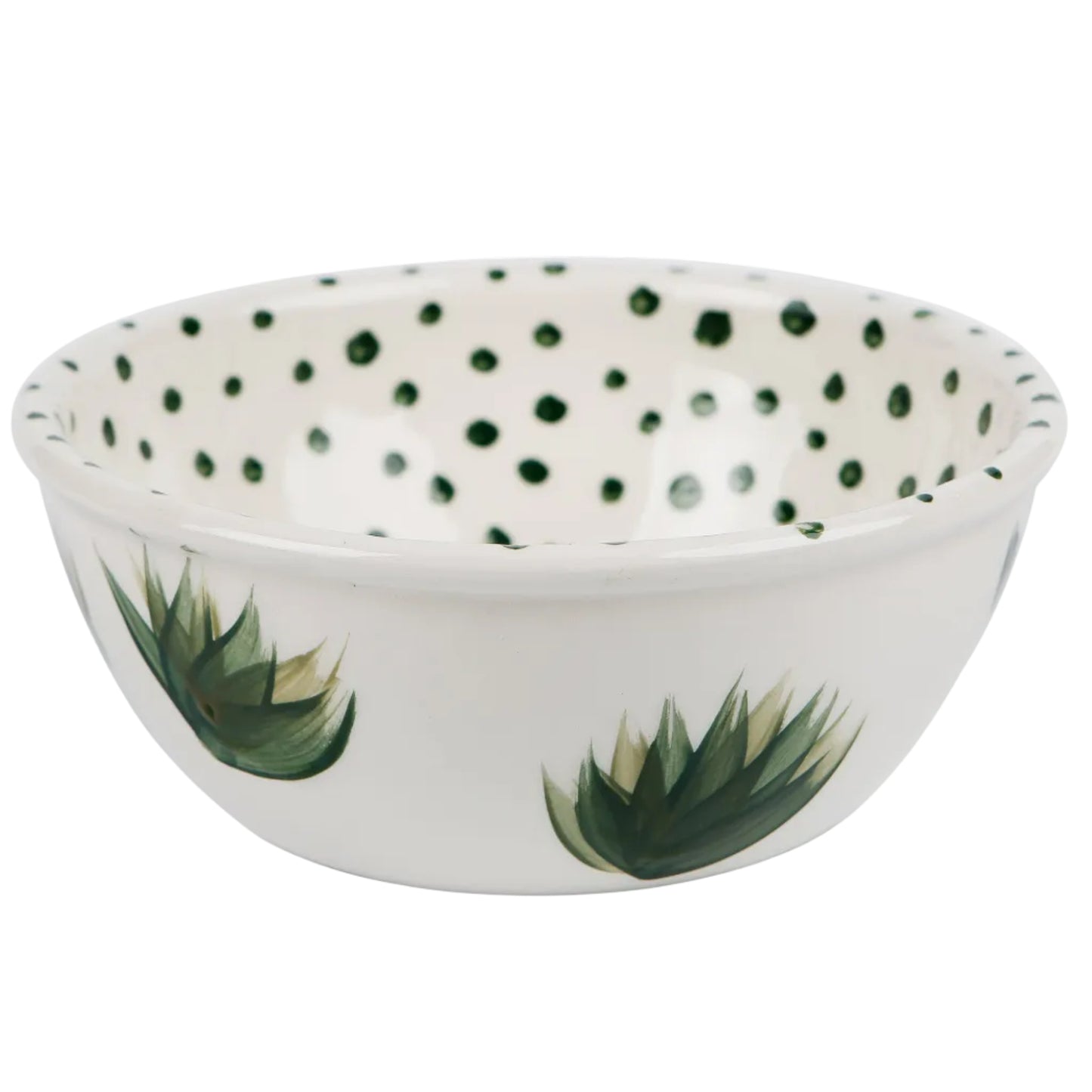 Hand-painted ceramic bowl with plants and dots motif, made in Athens by Rhea Kalo