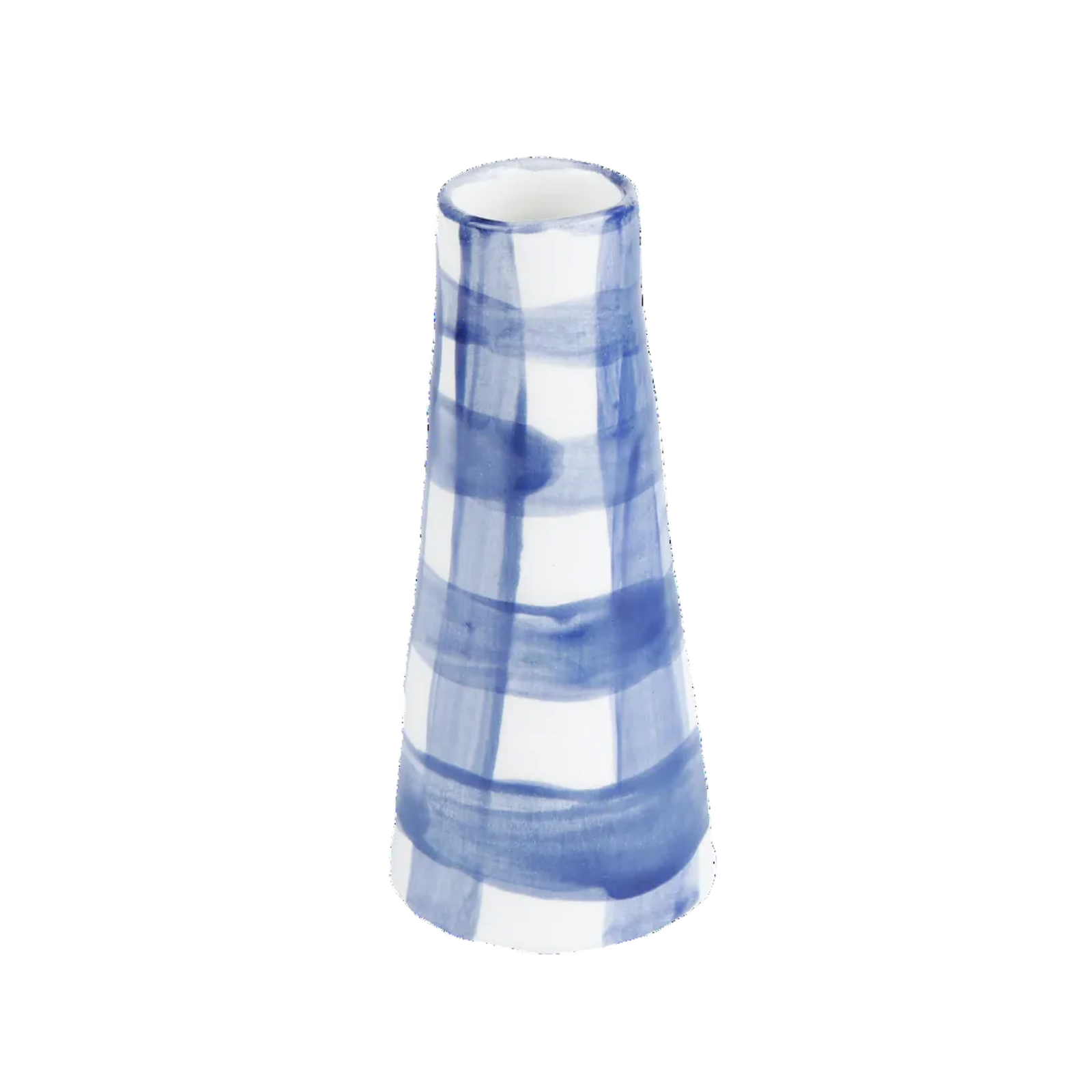 Handmade ceramic stem vase in vichy blue pattern by Rhea Kalo Athens