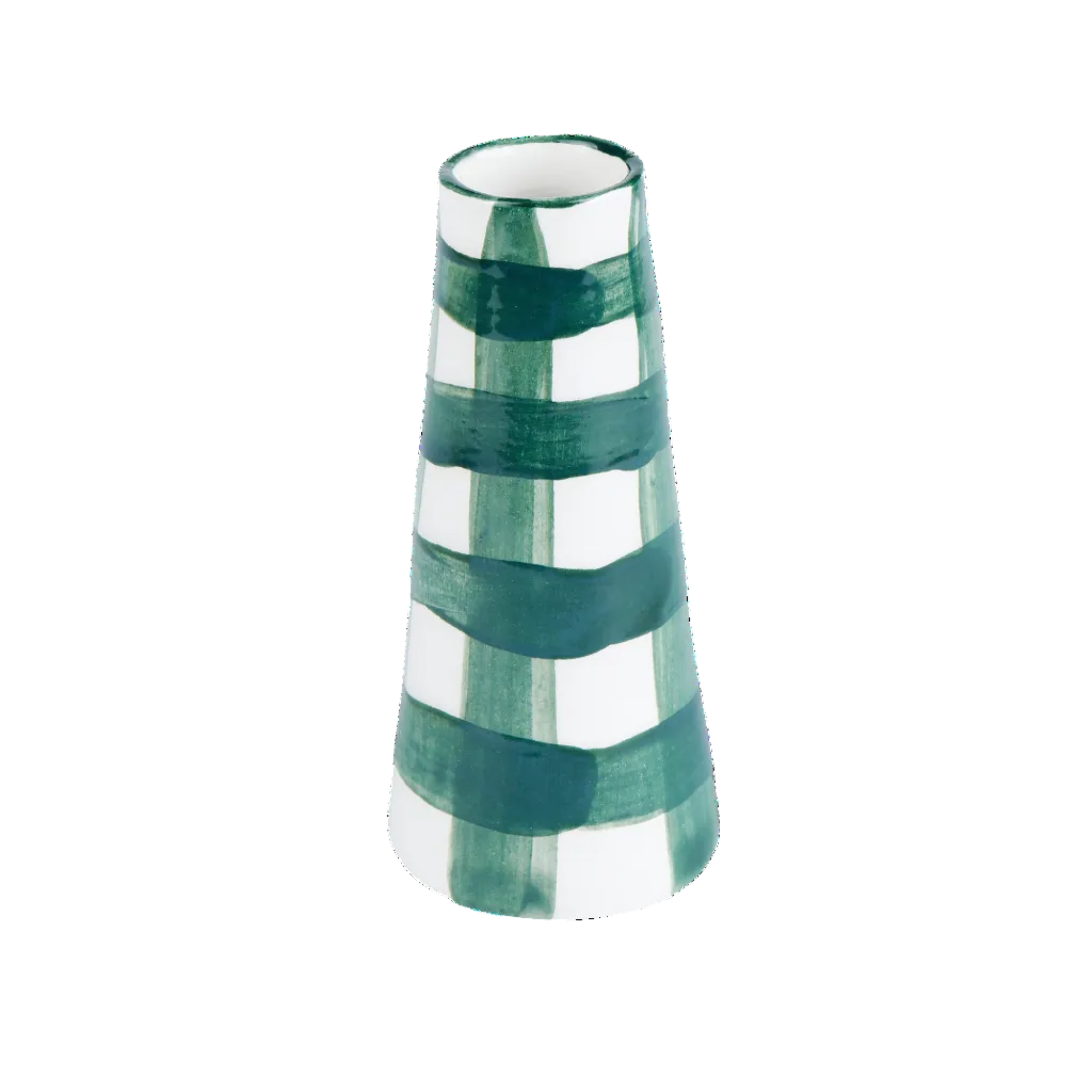 Handmade ceramic stem vase in vichy green pattern, made in Athens by Rhea Kalo