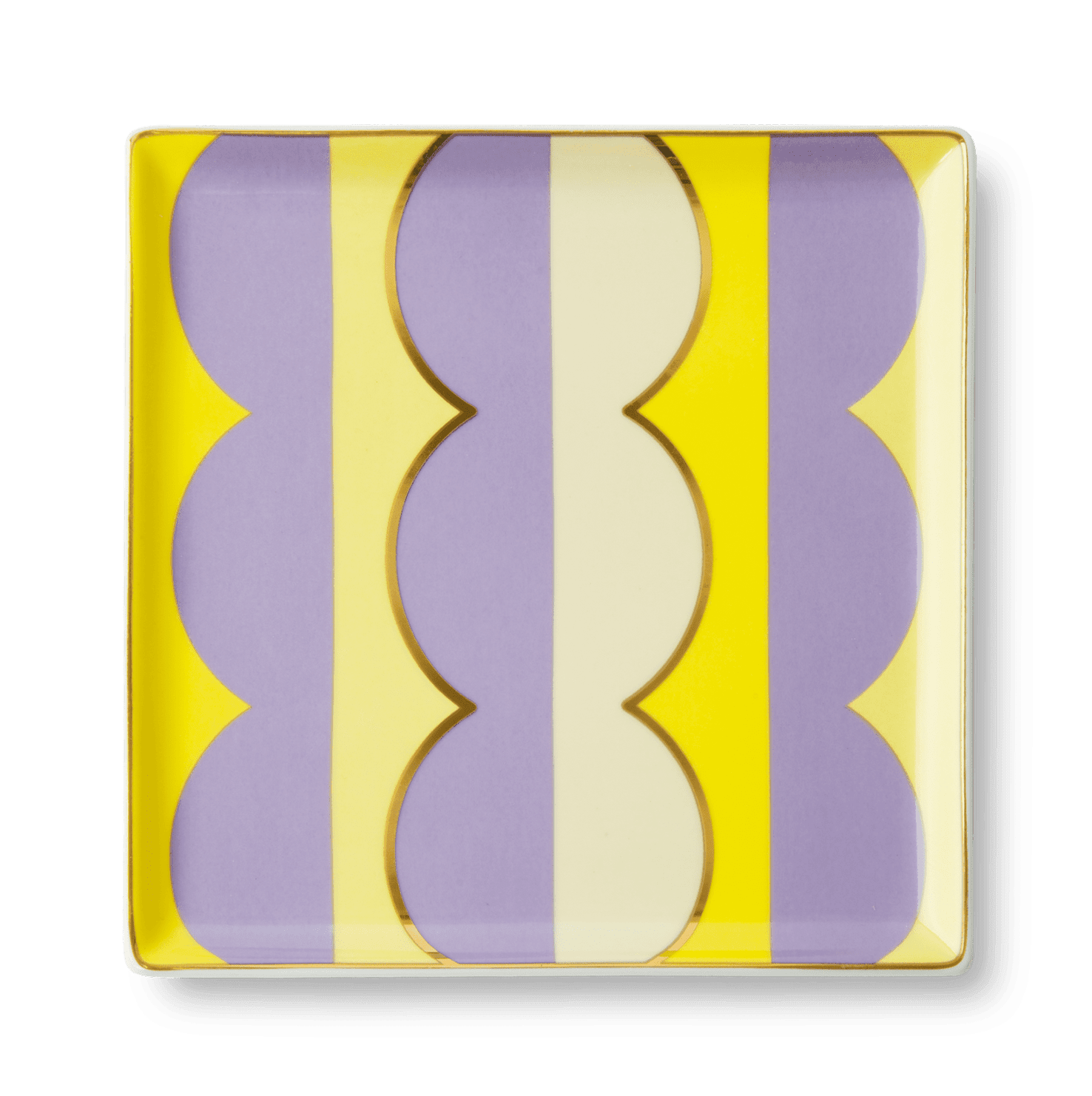 The OCTAEVO Riviera Wave Ceramic Tray features bold yellow, purple, and cream stripes to elevate your tablescape.