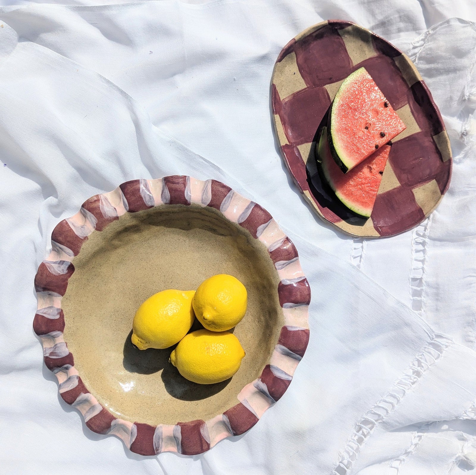 Baby Pink & Burgundy Frill Serving Bowl