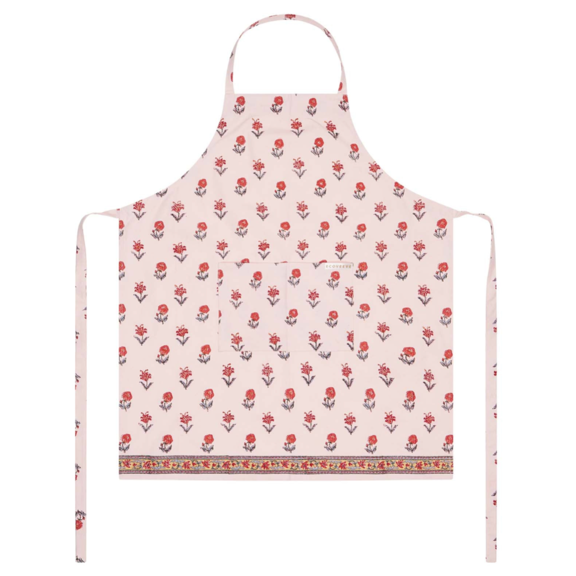Floral patterned block printed apron on a white background