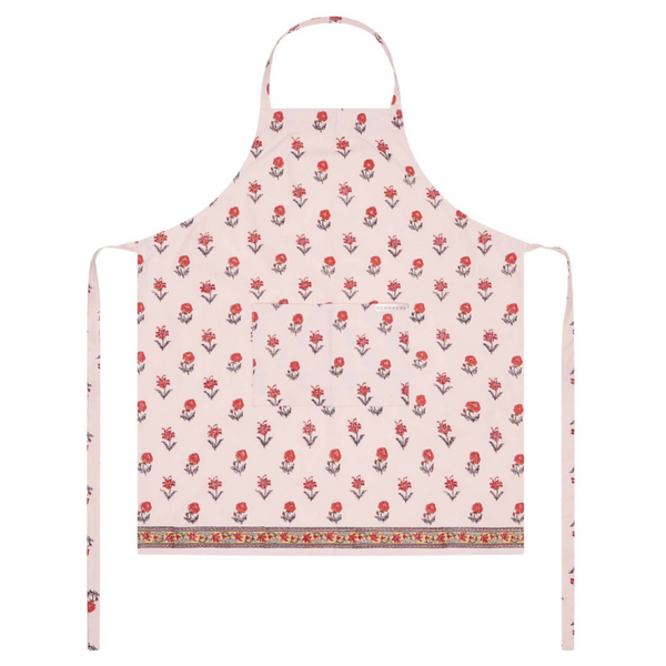 Floral patterned block printed apron on a white background