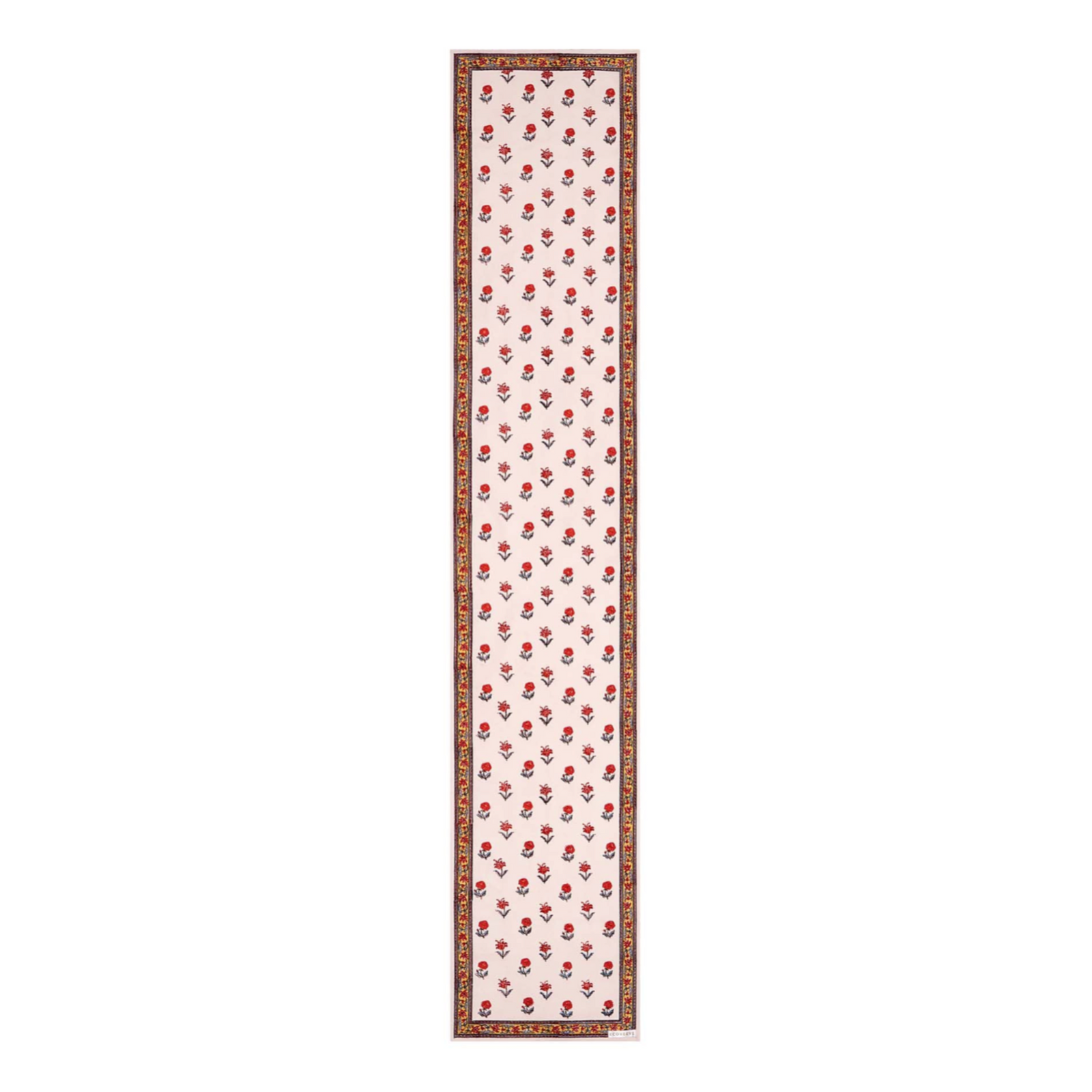 Block printed floral design table runner with border in reds, whites and yellows