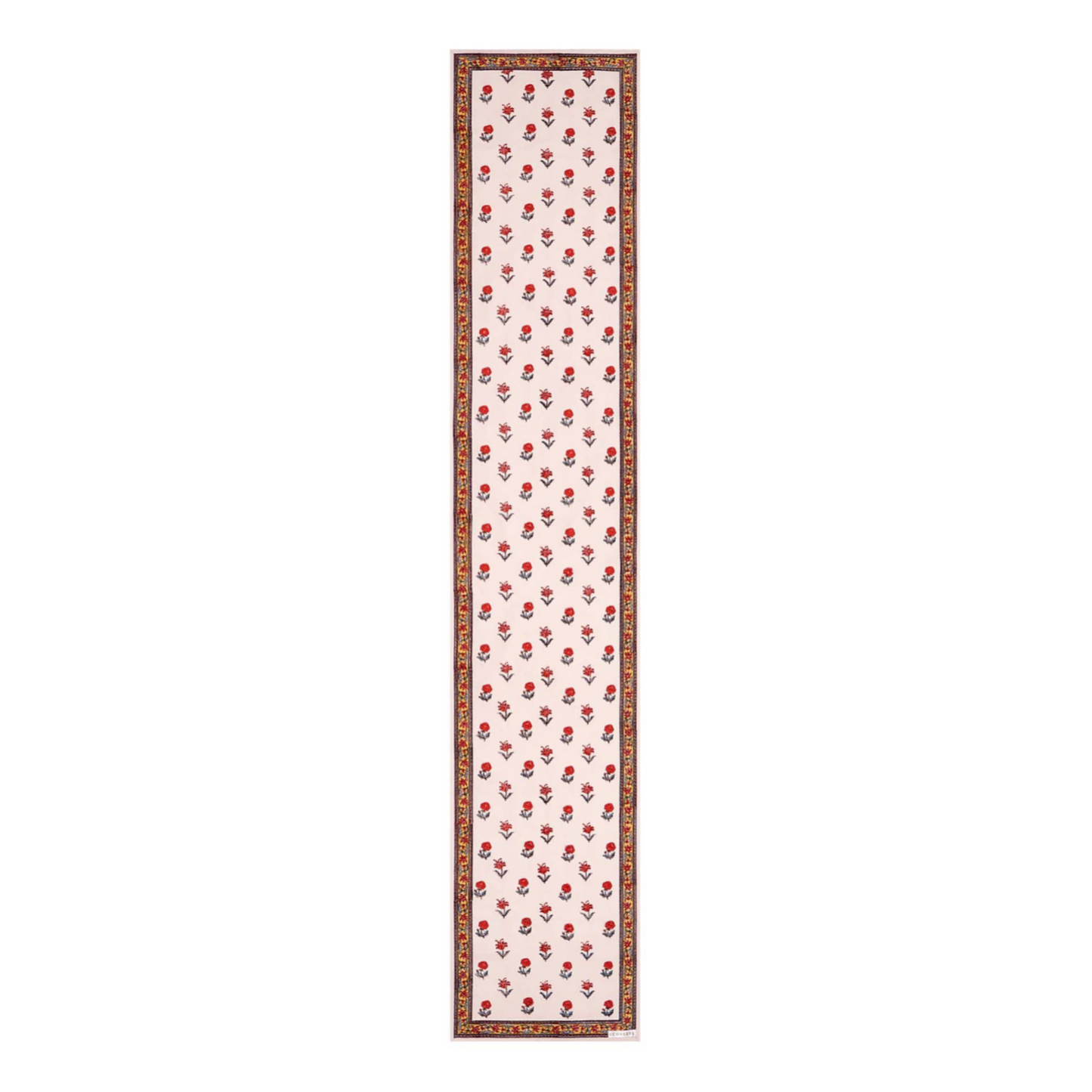 Block printed floral design table runner with border in reds, whites and yellows