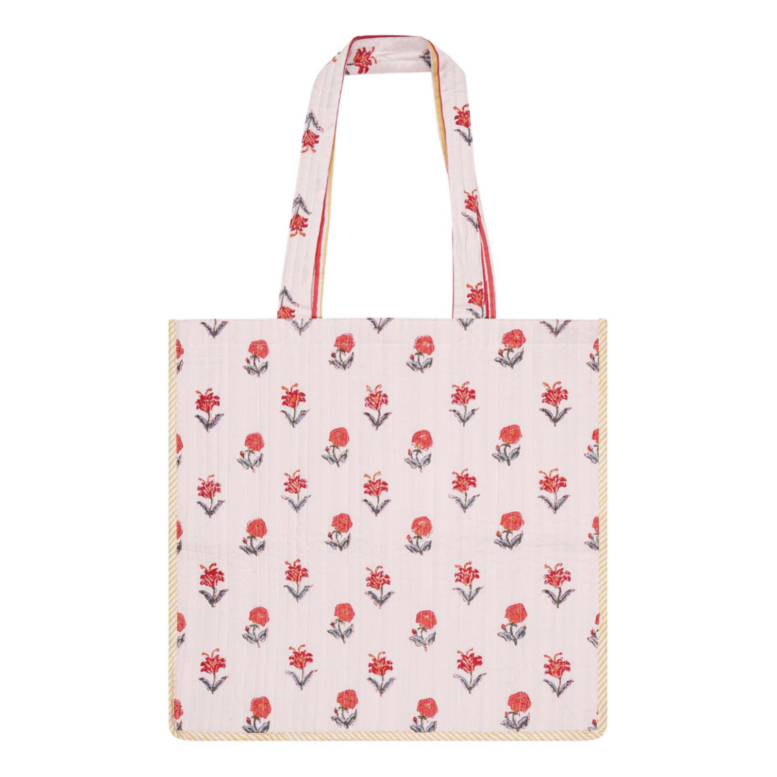 A block printed cotton tote bag with contrast trim with a floral design