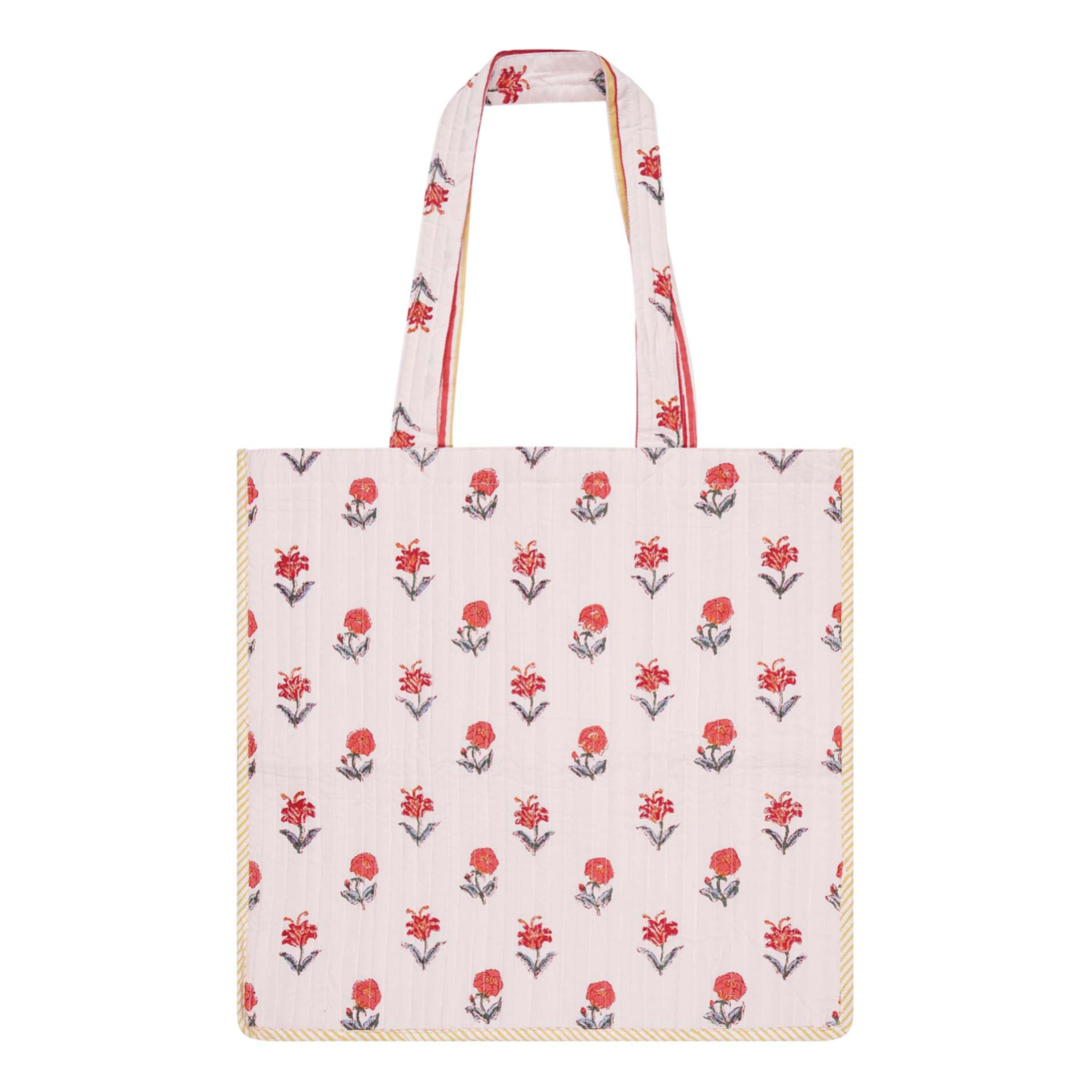A block printed cotton tote bag with contrast trim with a floral design