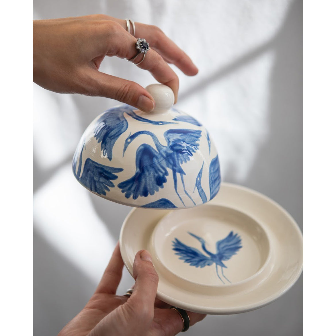 Herons Hand Painted Round Jam Butter Dish - Royal Blue
