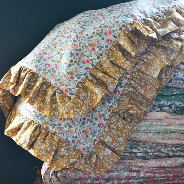 Ruffle Edge Bedspread made with Liberty Fabric BETSY GREY & CAPEL MUSTARD - Coco & Wolf