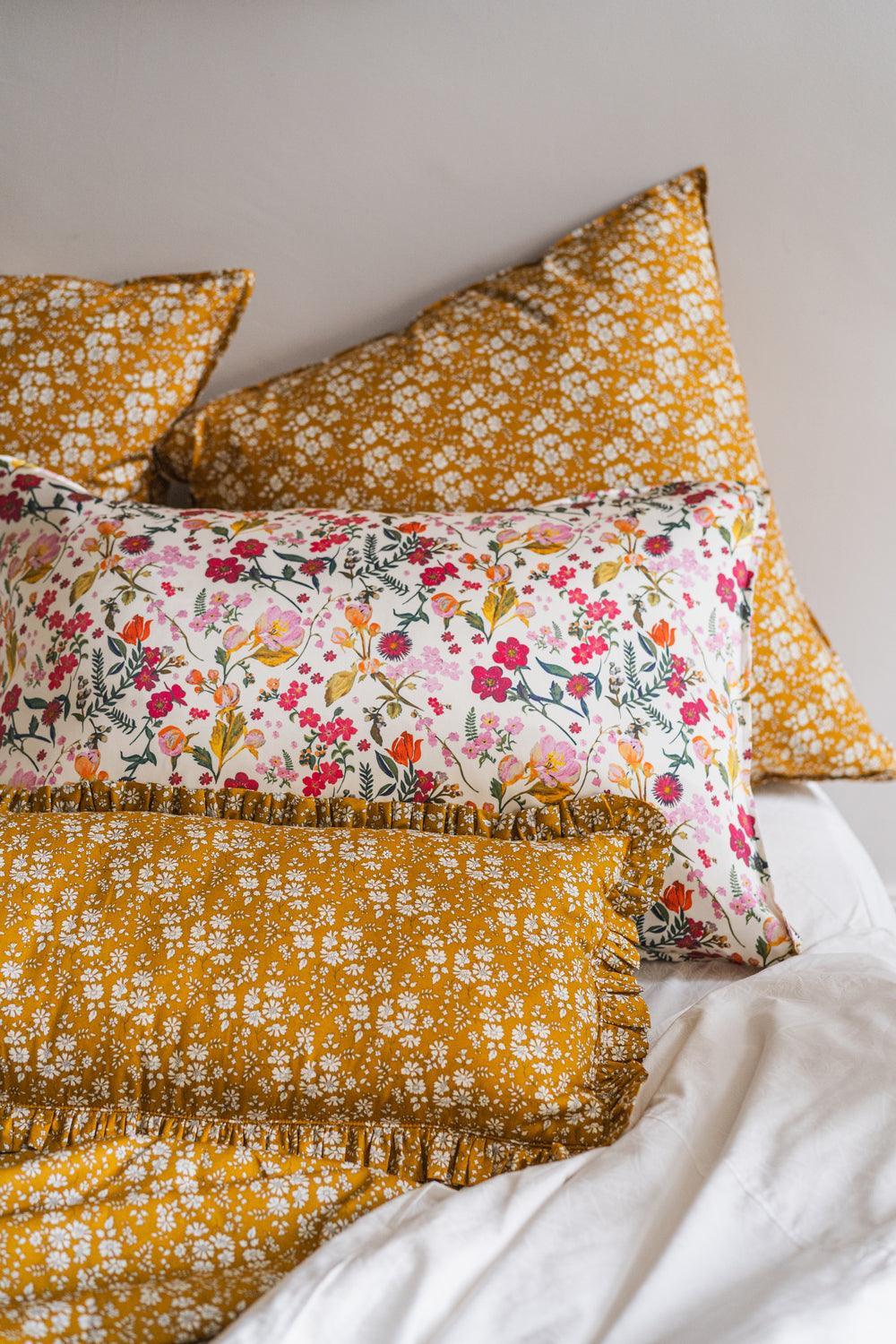 Ruffle Bolster Lumbar Cushion made with Liberty Fabric CAPEL MUSTARD