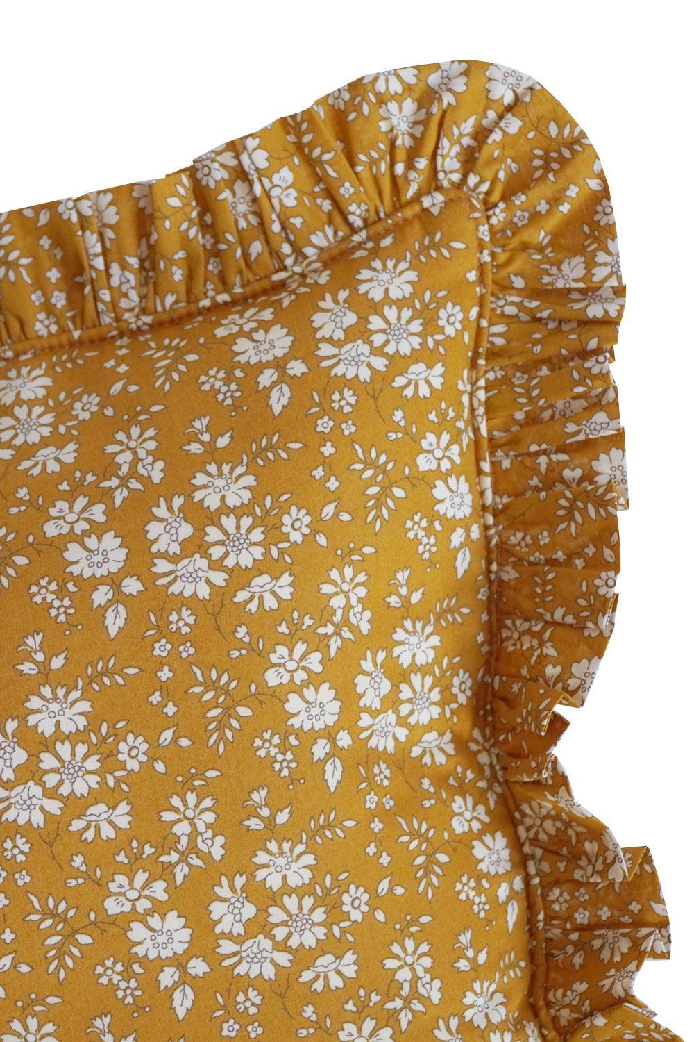 Ruffle Bolster Lumbar Cushion made with Liberty Fabric CAPEL MUSTARD