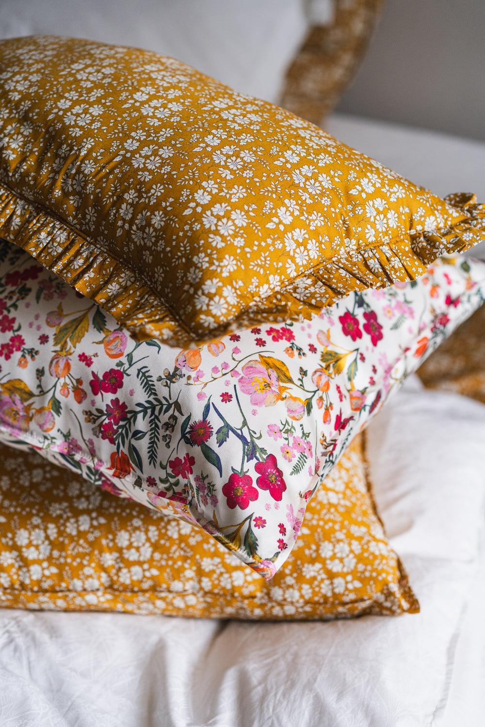 Ruffle Bolster Lumbar Cushion made with Liberty Fabric CAPEL MUSTARD
