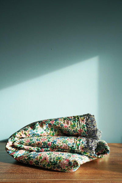 Reversible Ruffle Edge Bedspread made with Liberty Fabric DREAMS OF SUMMER & WILTSHIRE BUD - Coco & Wolf