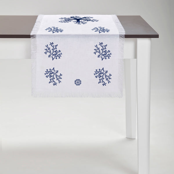 Blue Coral Runner with Fringe - White Linen