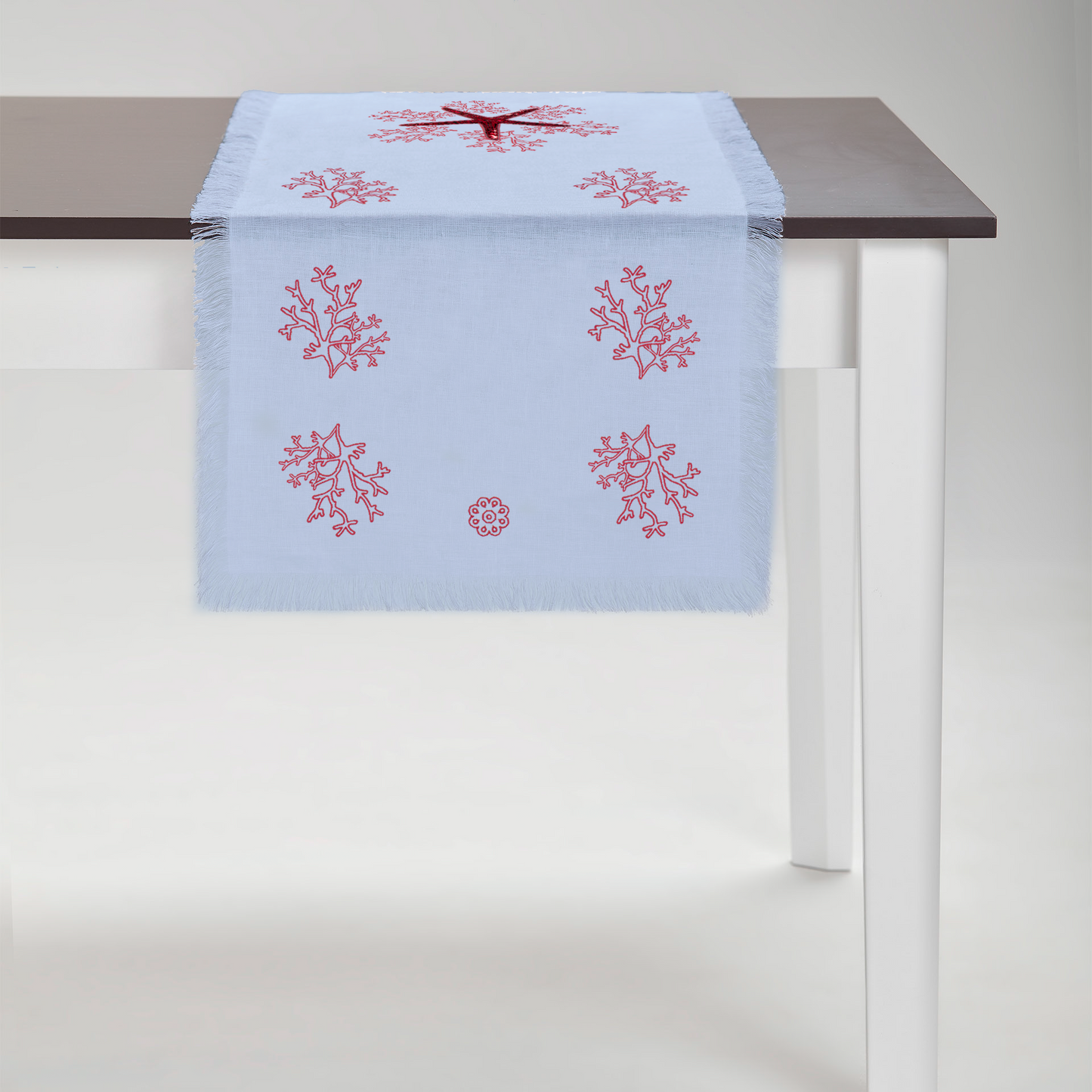 Pink Coral Linen Runner with Fringe - Light Blue Linen