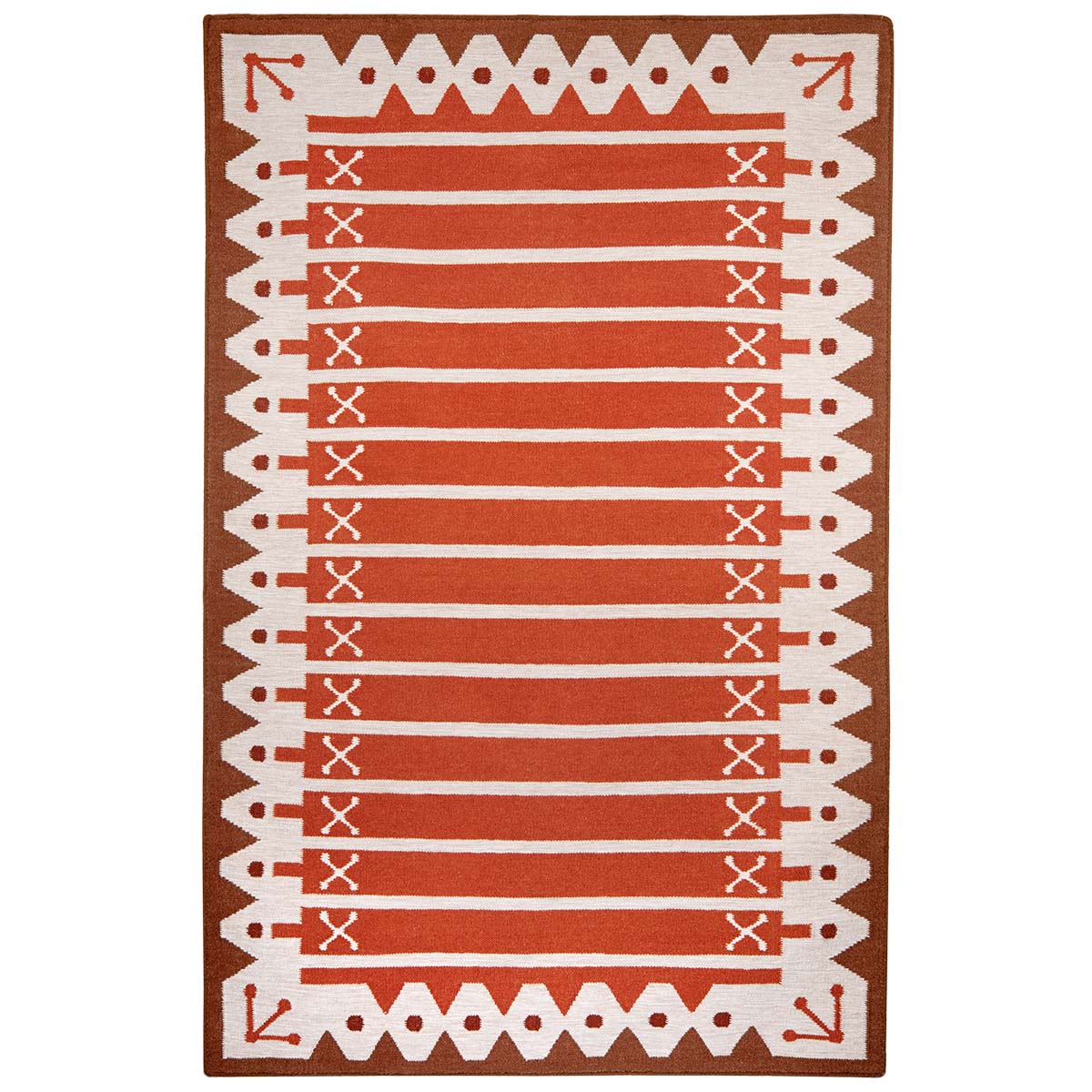 Rust Stripe Rug handwoven with decorative border in warm tones of rust orange, red and brown.