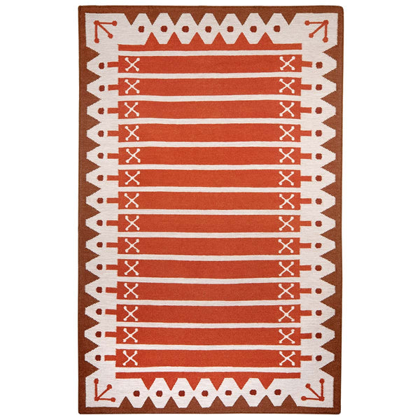 Rust Stripe Rug handwoven with decorative border in warm tones of rust orange, red and brown.