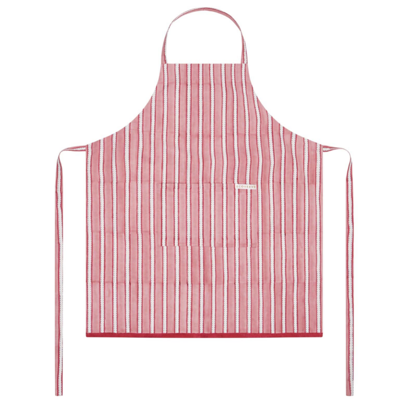 Red and white striped block printed apron on a white background
