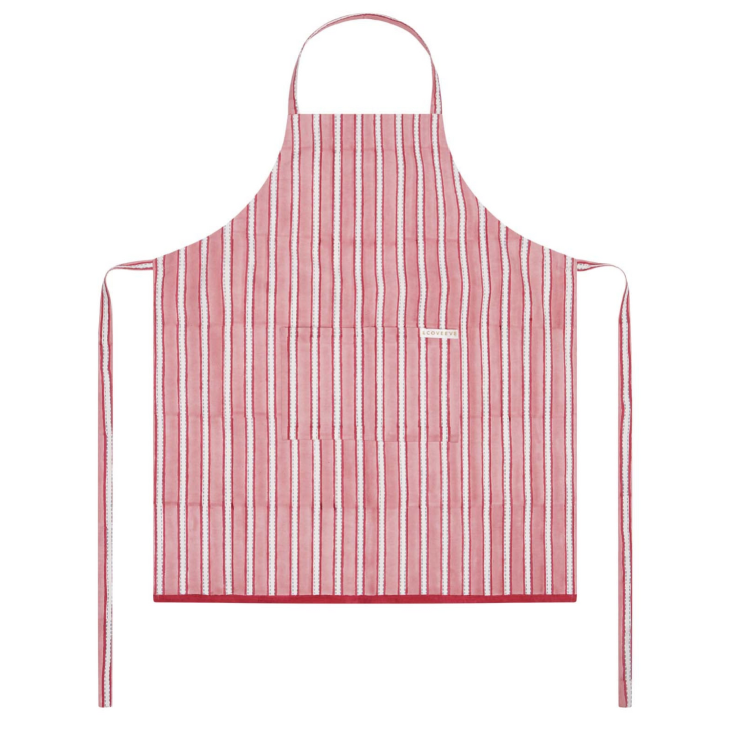 Red and white striped block printed apron on a white background