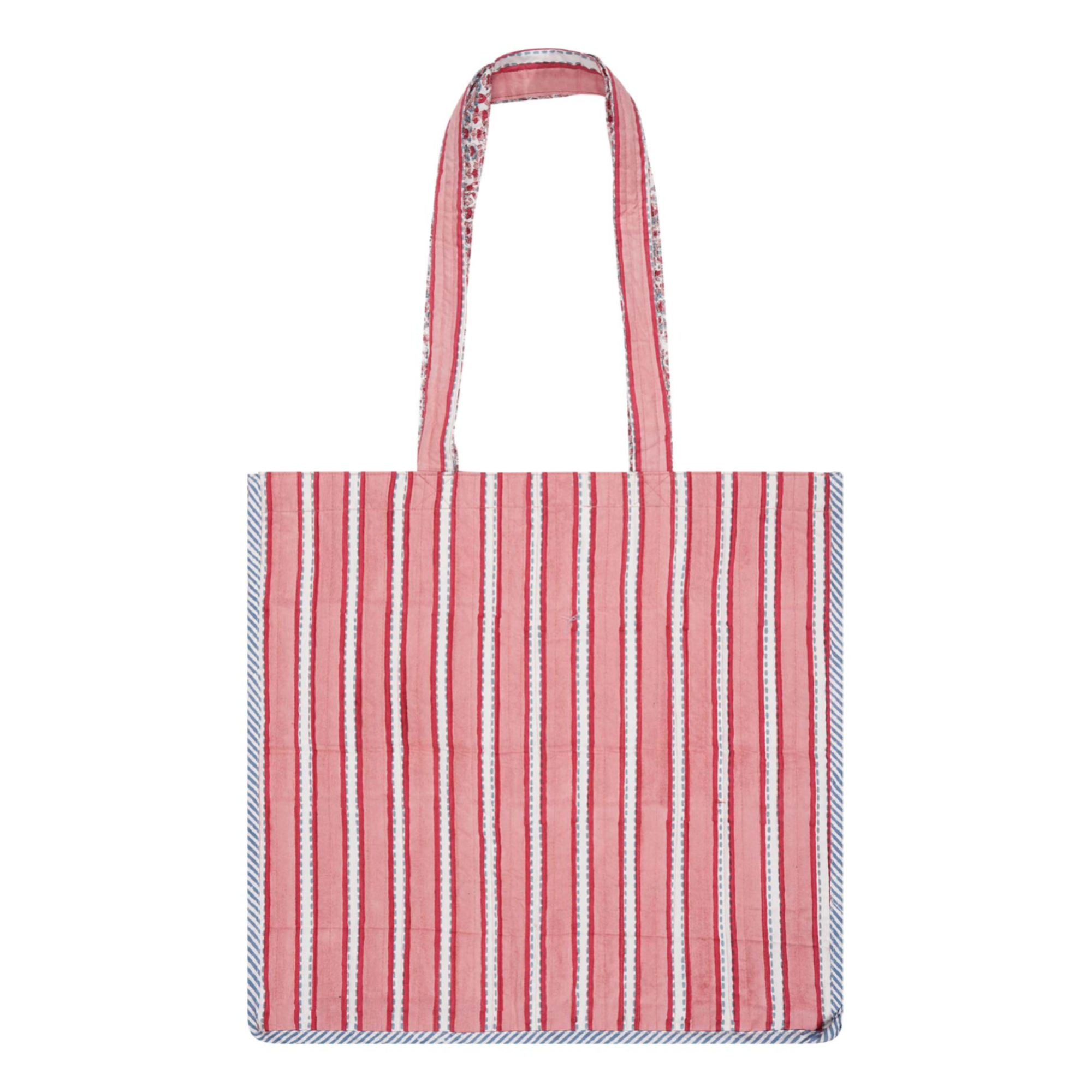 A pink striped cotton block-printed tote bag with contrast trim
