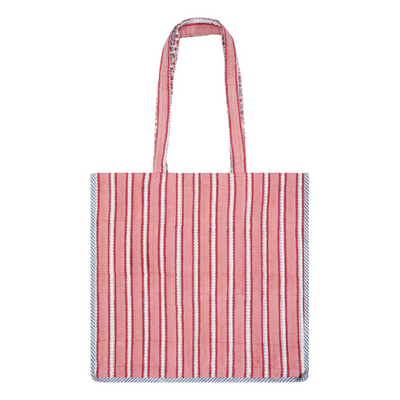 A pink striped cotton block-printed tote bag with contrast trim
